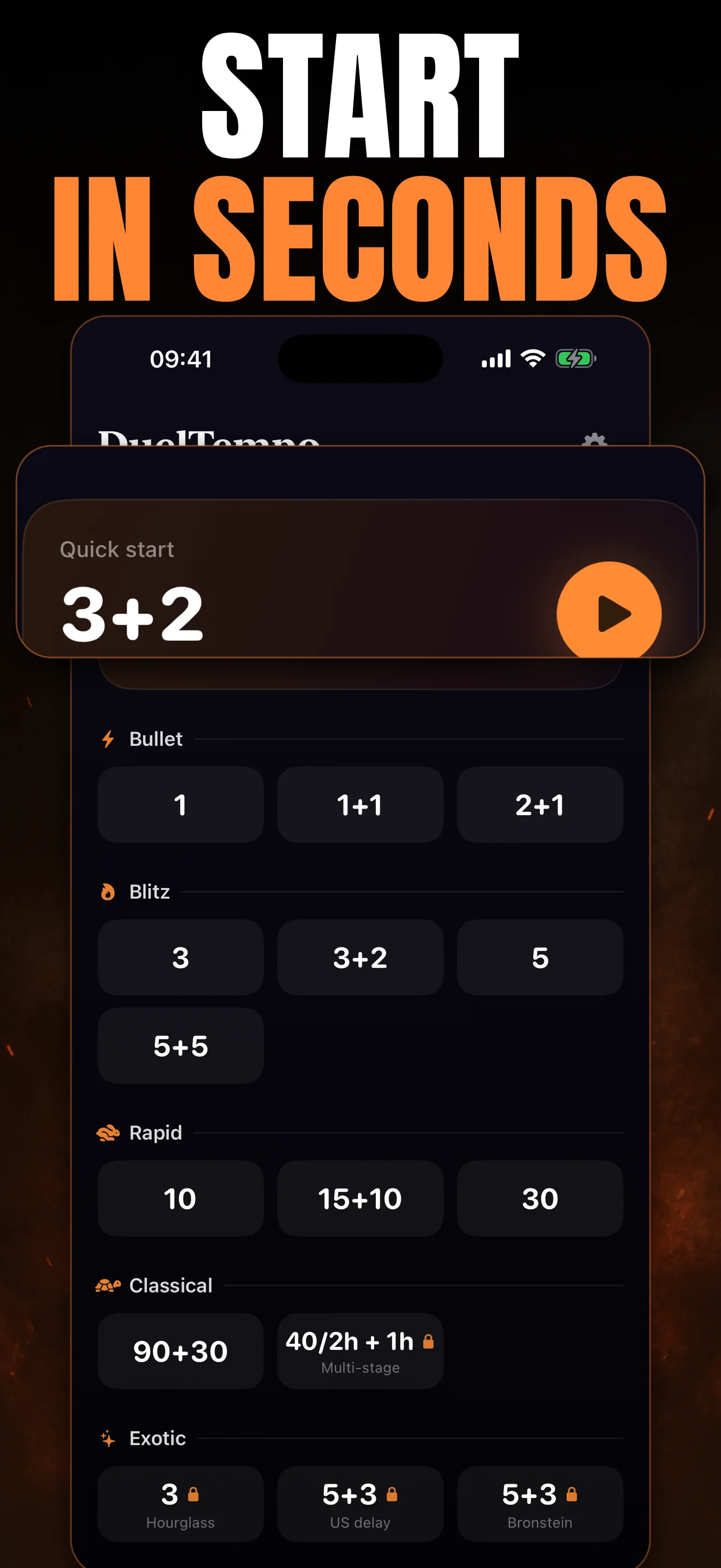 DuelTempo preset picker with bullet, blitz, rapid, classical, and exotic chess time controls
