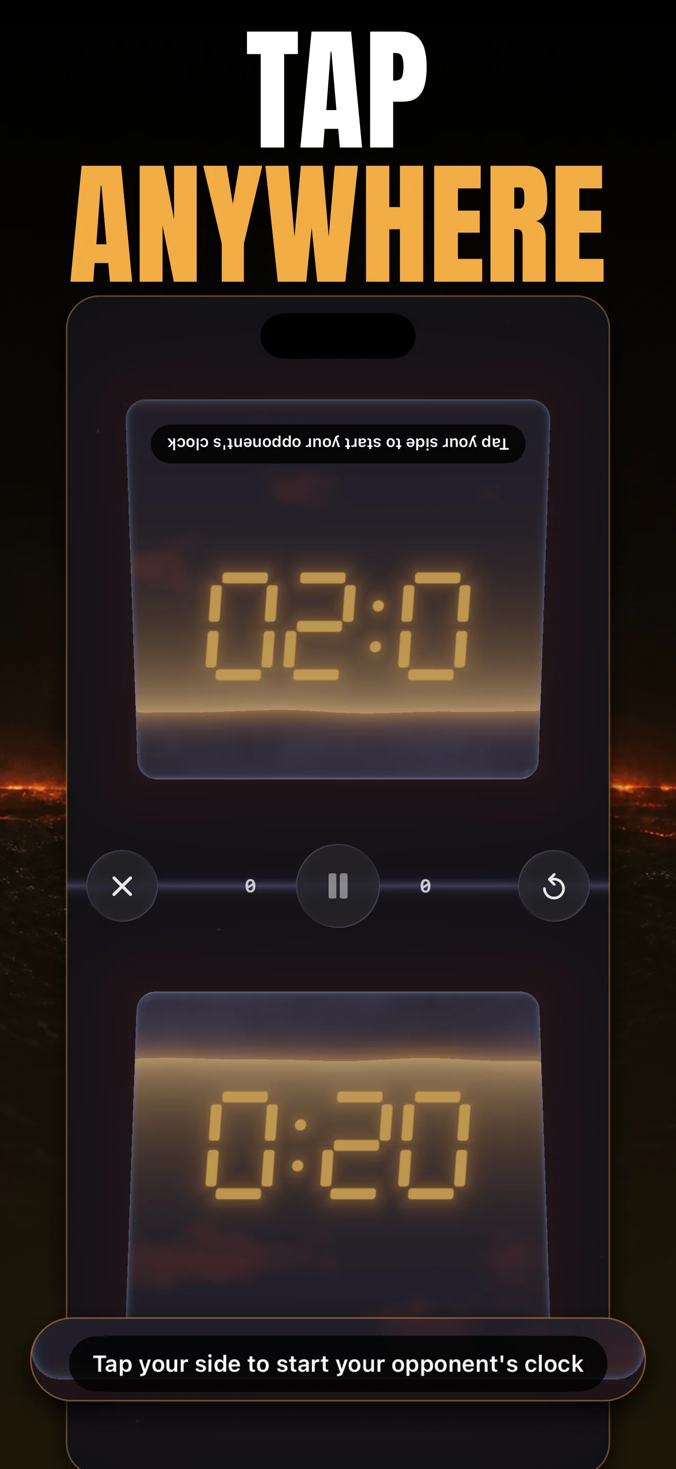 DuelTempo two-player chess clock with large tap zones and high-contrast timers