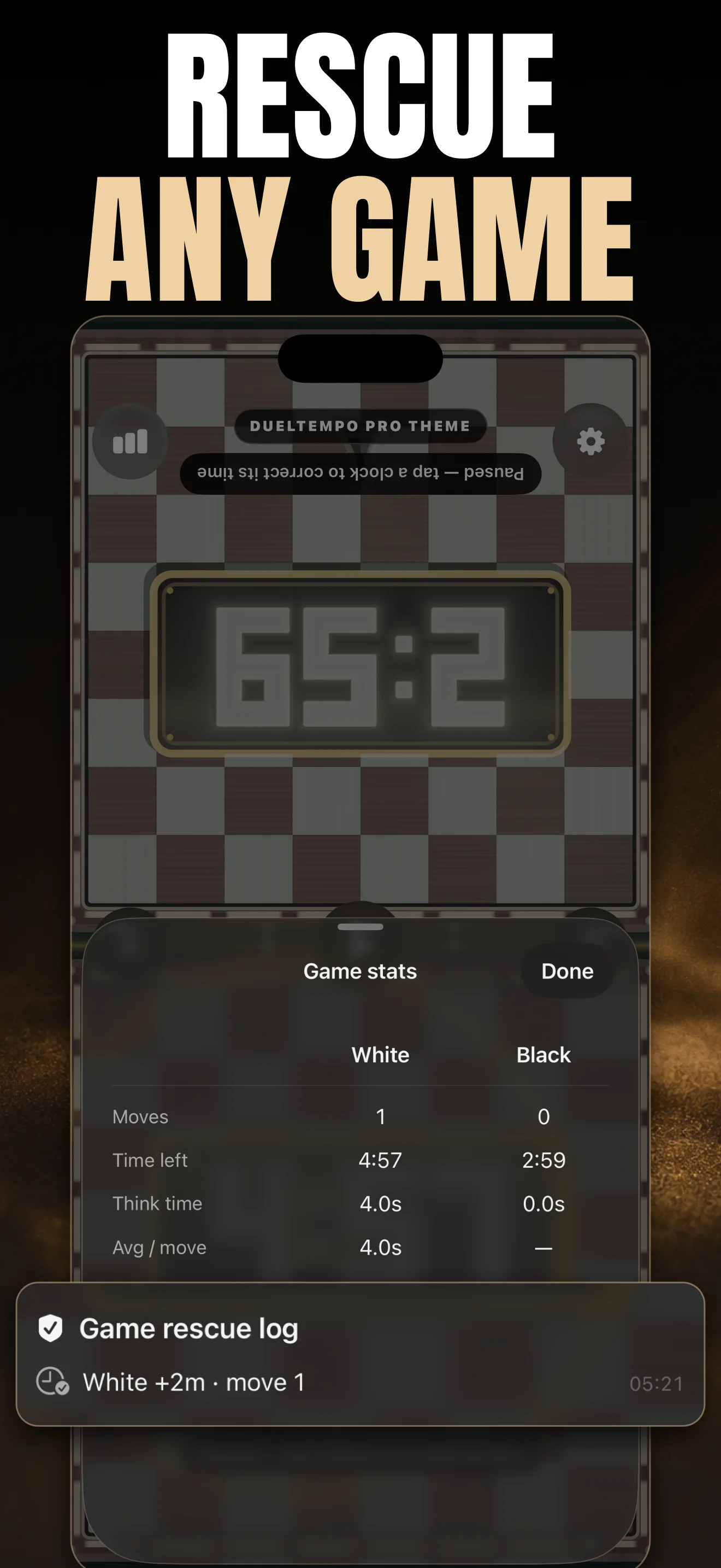 DuelTempo Game Rescue showing a safely paused clock, game statistics, and correction history