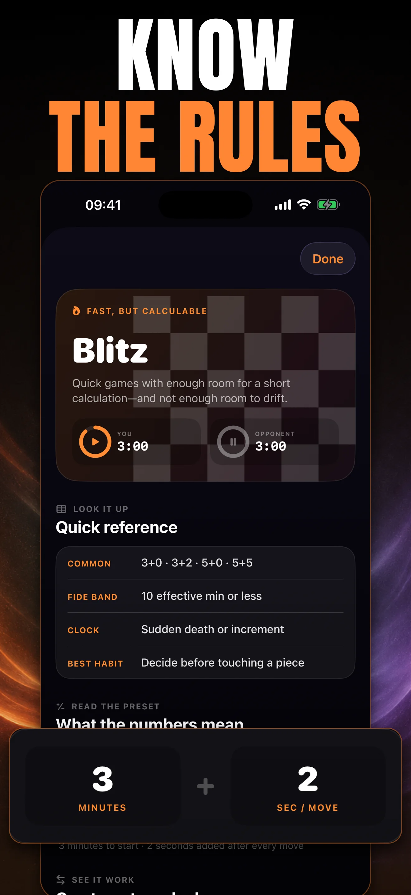 DuelTempo in-app guide explaining chess timing modes and clock rules