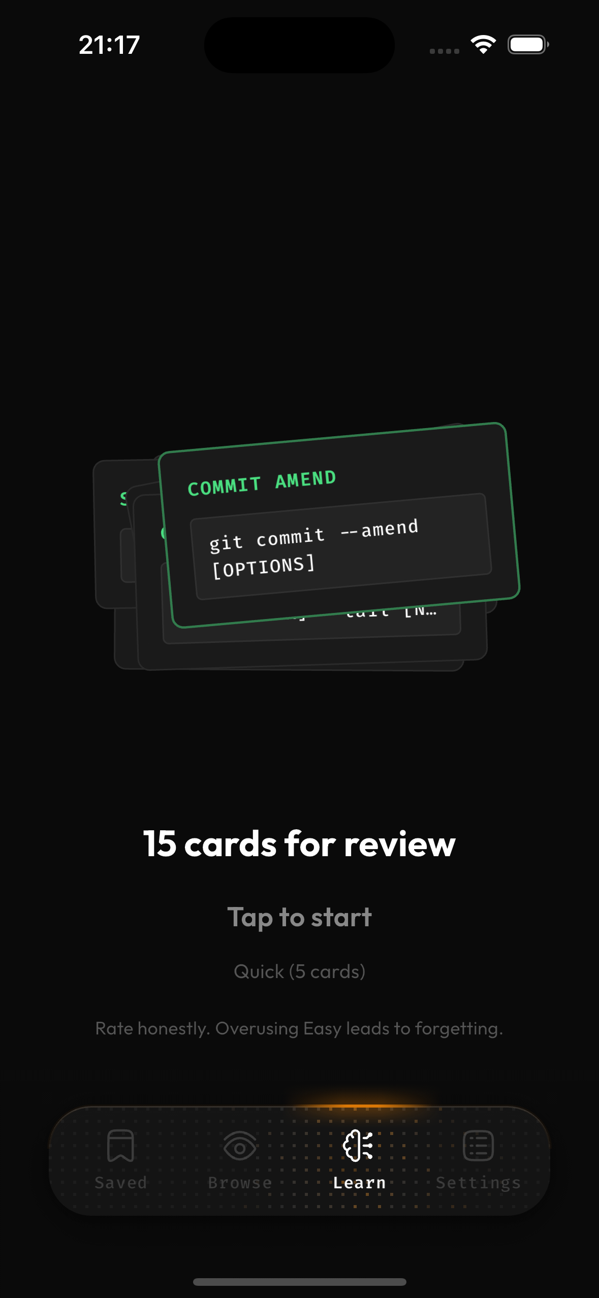 Terminaster Learn screen on iPhone showing 15 terminal command cards ready for review