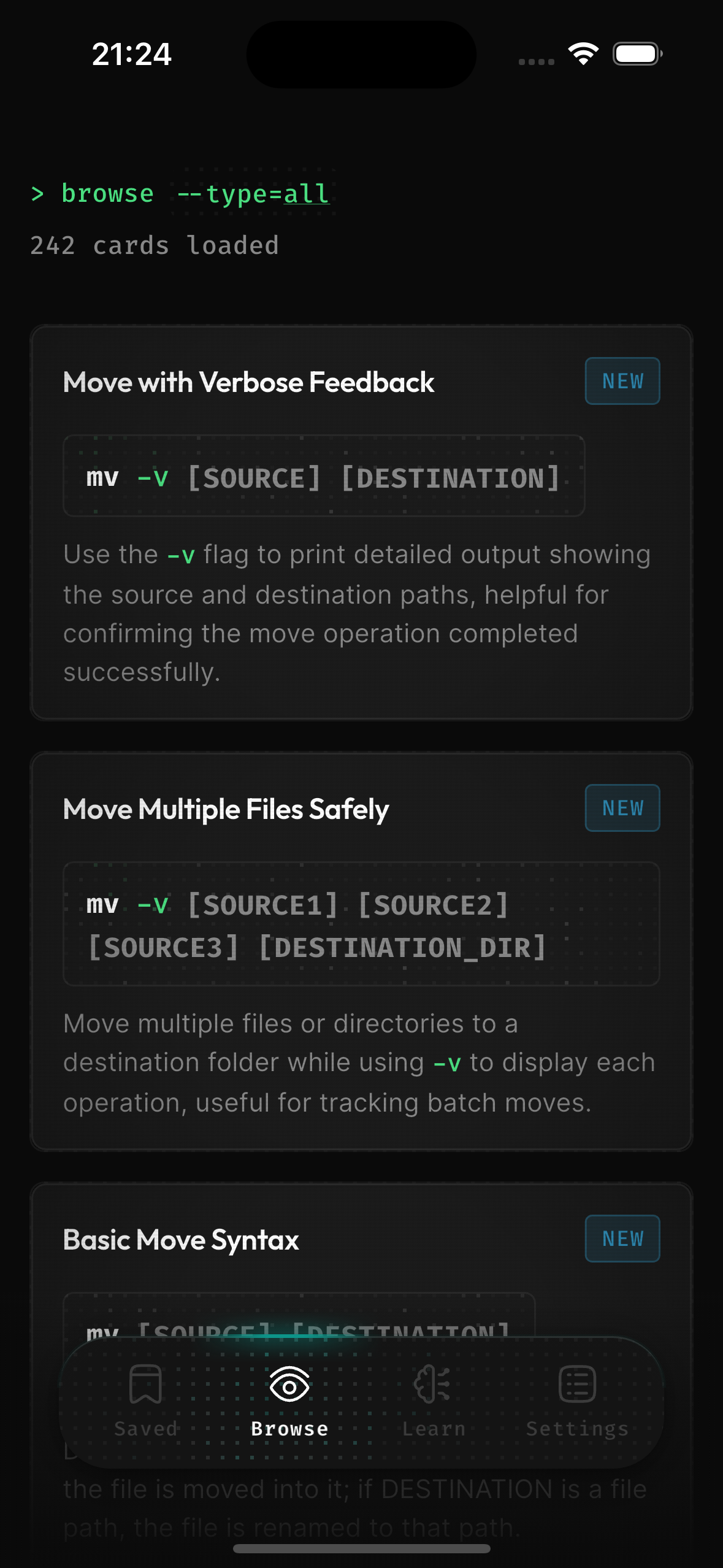 Terminaster Browse screen showing reusable command cards with explanations