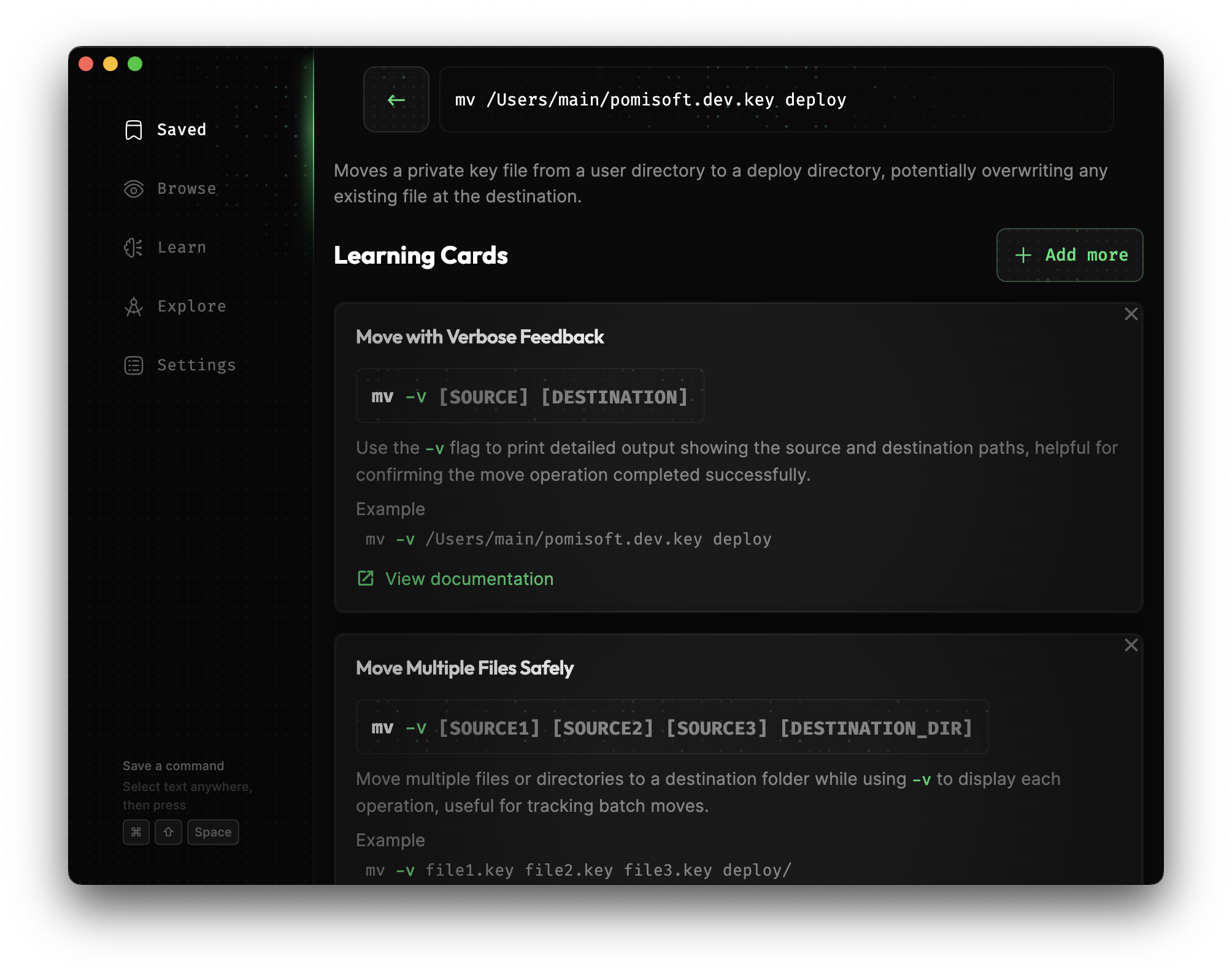 Terminaster desktop Saved screen showing a command and its generated learning cards