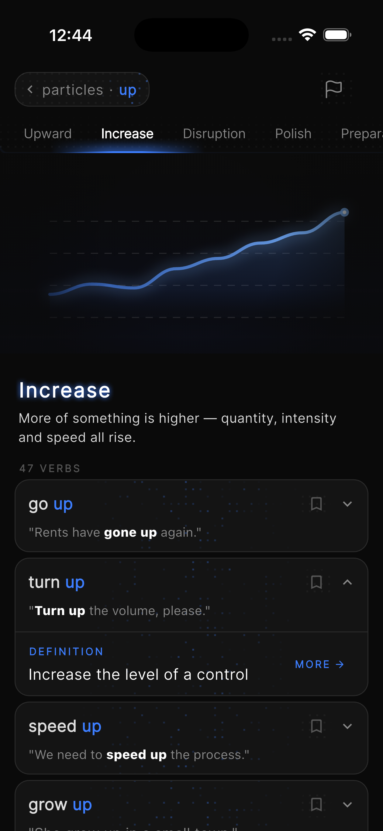 Sink In: the particle 'up' shown through an Increase pattern with example verbs