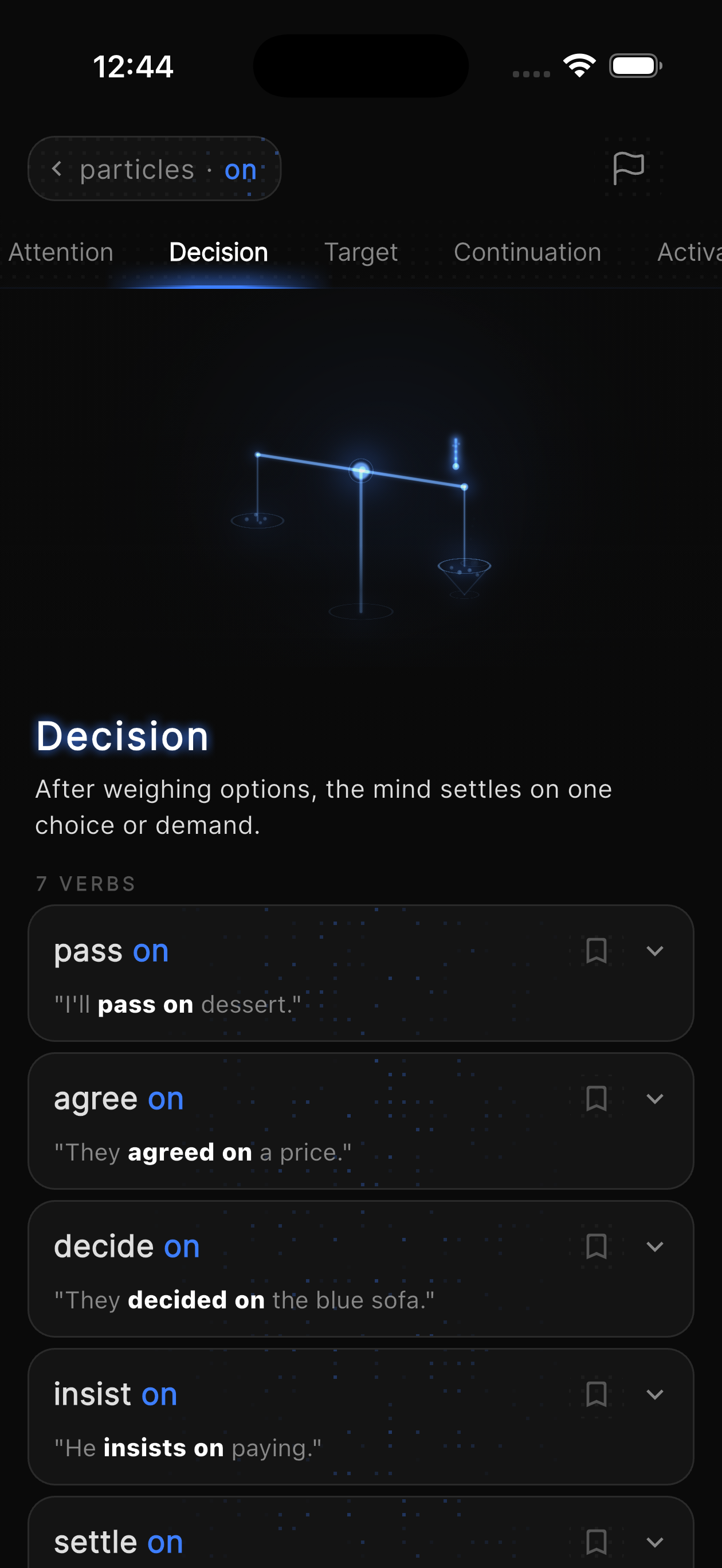 Sink In: the particle 'on' shown through a Decision pattern with example verbs