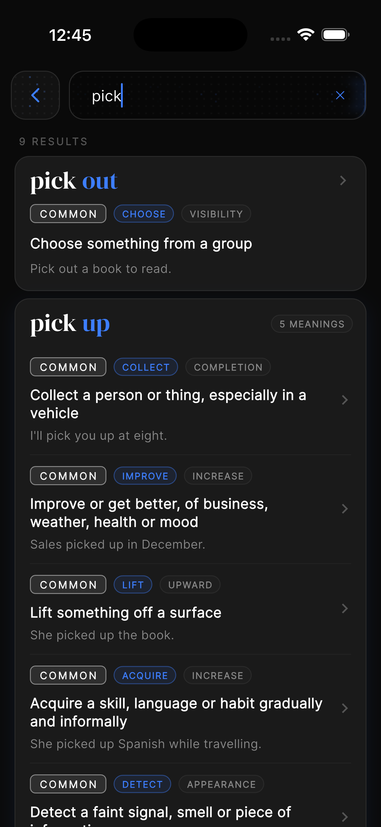 Sink In: search results for 'pick' showing pick out and multiple meanings of pick up