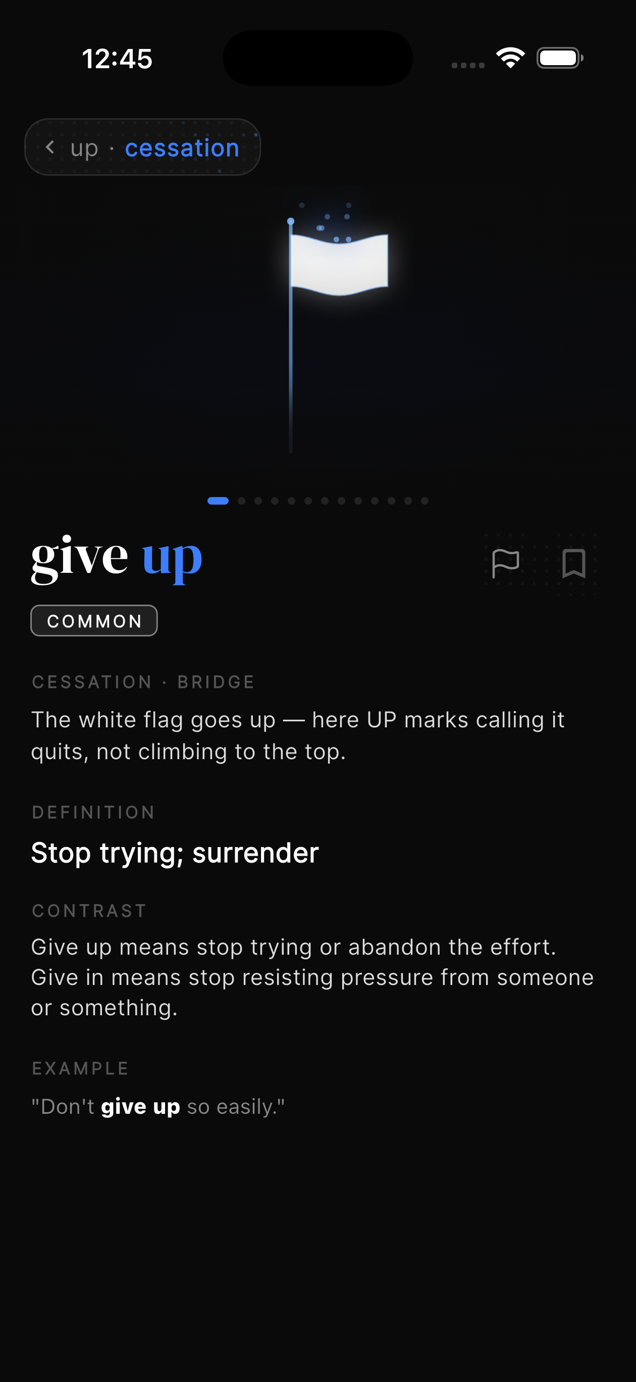 Sink In: meaning detail for 'give up' anchored to a white-flag mnemonic and bridge sentence