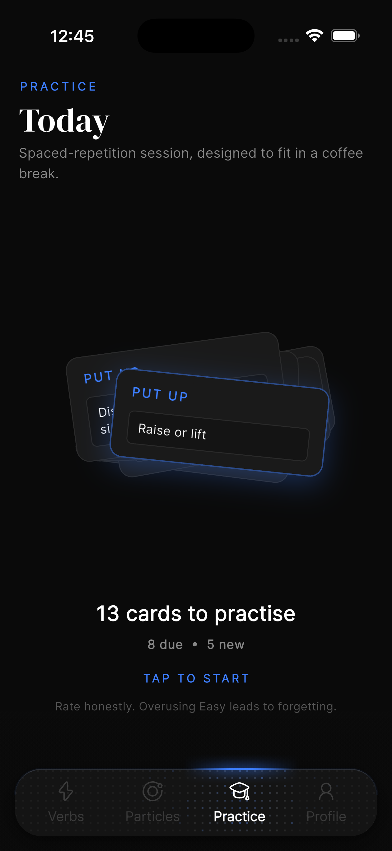 Sink In: today's spaced-repetition practice session