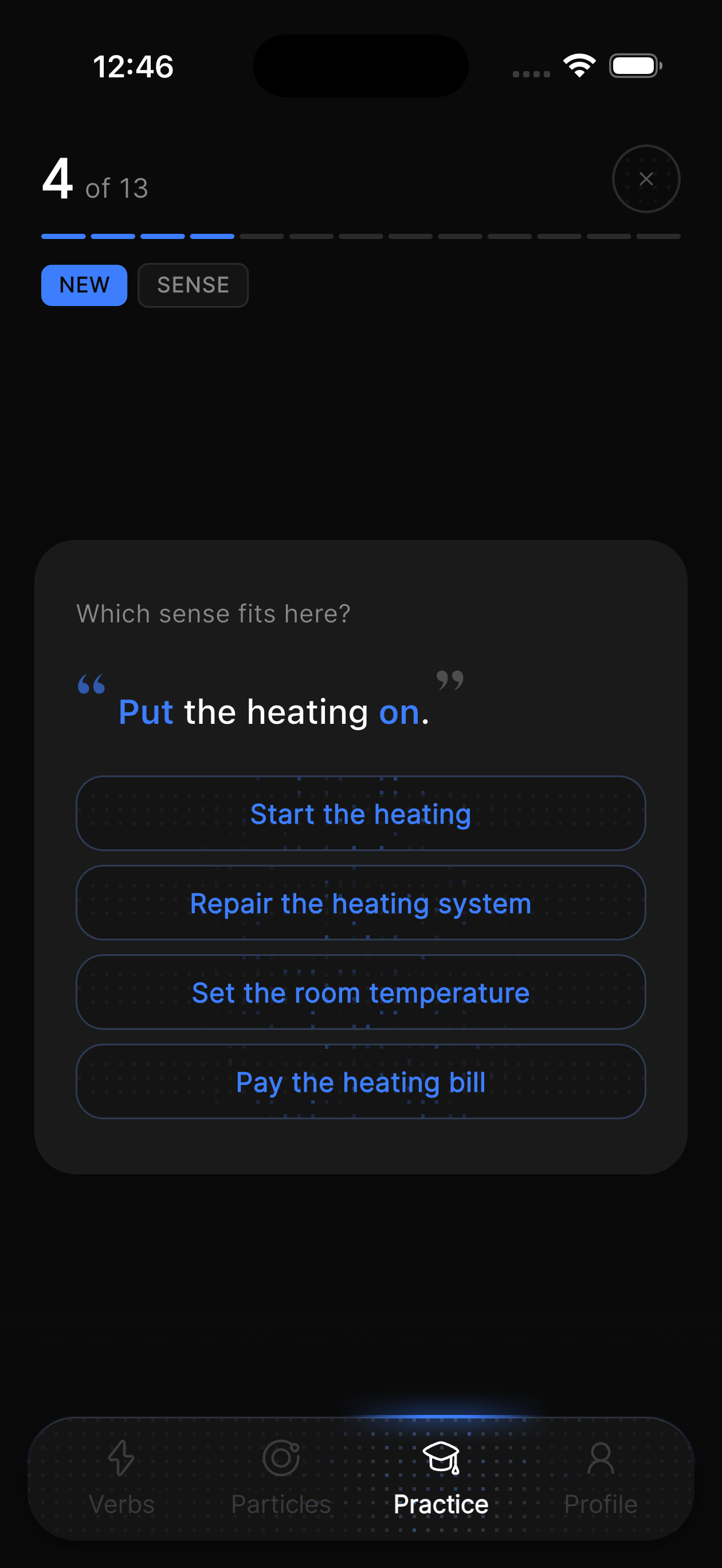 Sink In: sense practice asking which meaning fits the sentence 'Put the heating on'