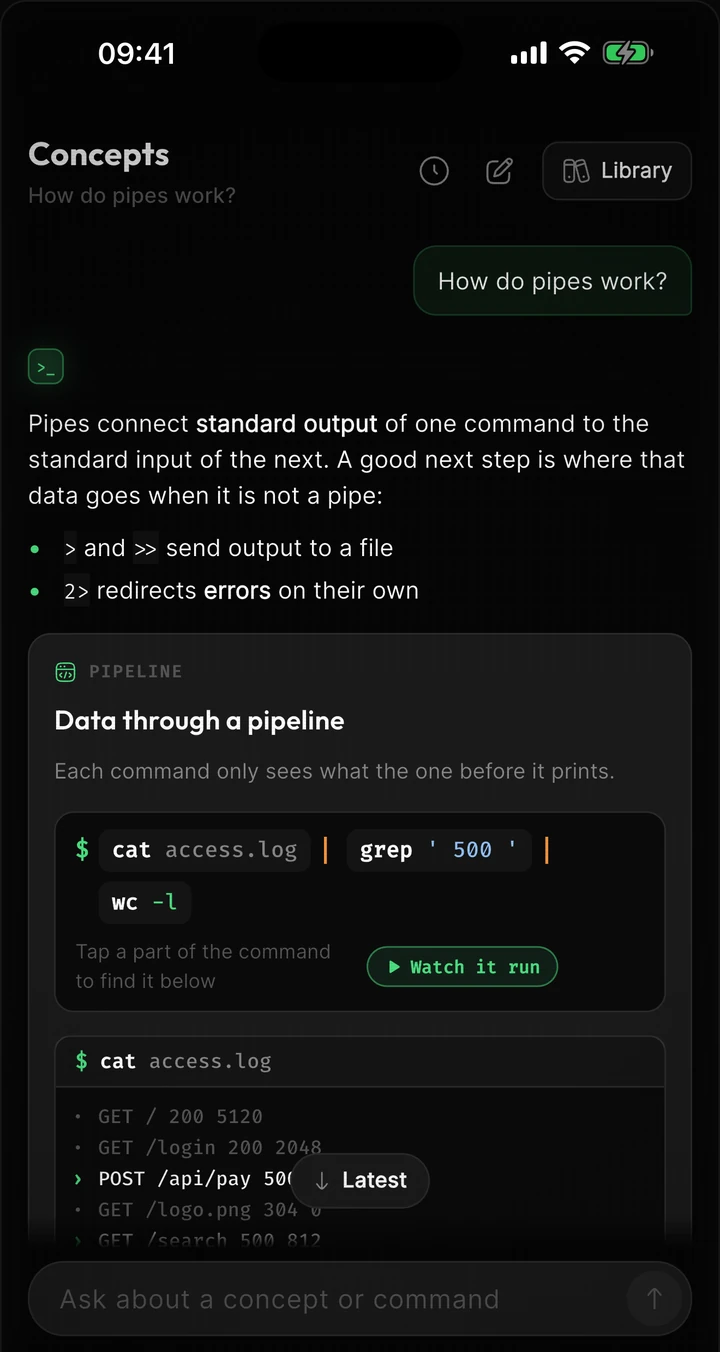 Terminaster's tutor answering “How do pipes work?” with a pipeline diagram