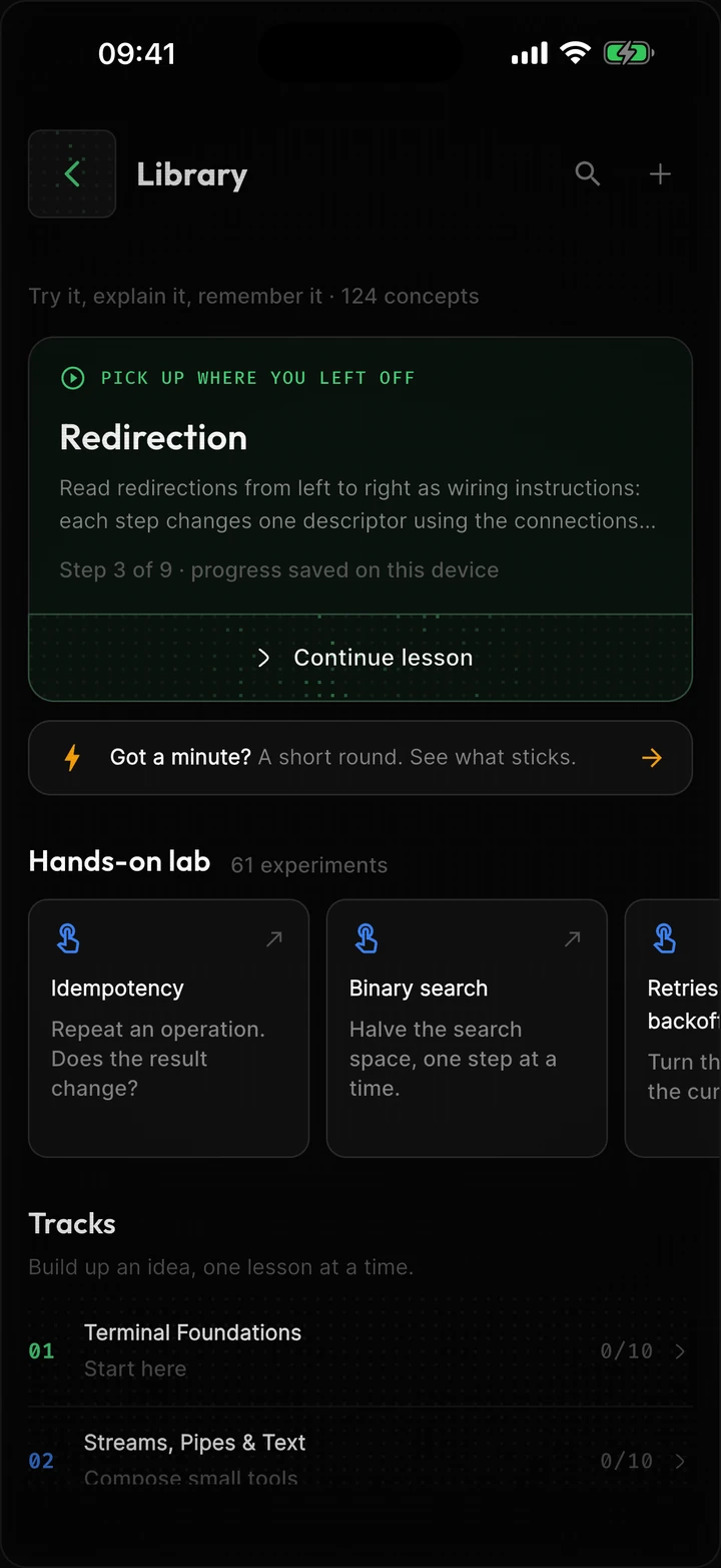The concept library with a lesson to continue, labs and tracks